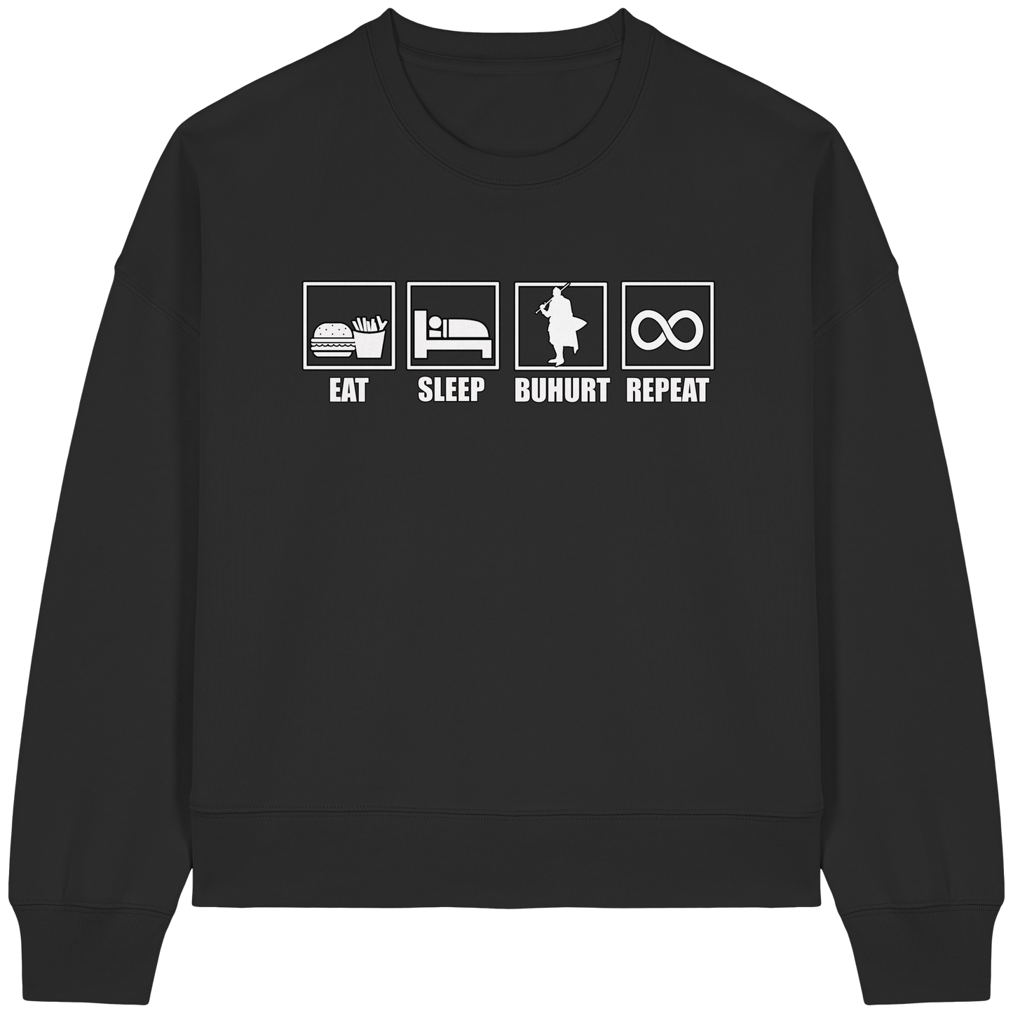 Buhurt Boxcut Damen Pullover | Eat Sleep Buhurt Repeat | Bouhourt Frauen Sweatshirt