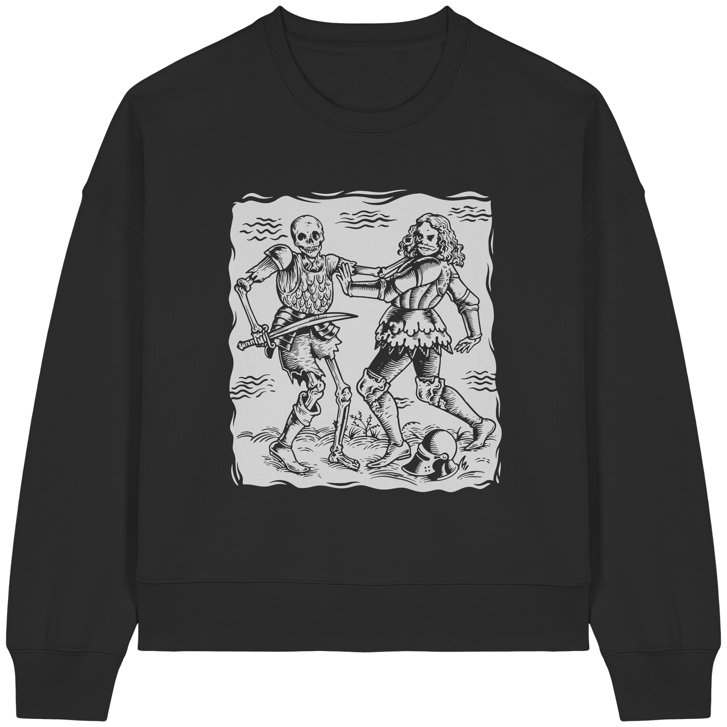 Frauen Bio Boxcut Sweatshirt – Totentanz Ritter Holzschnitt