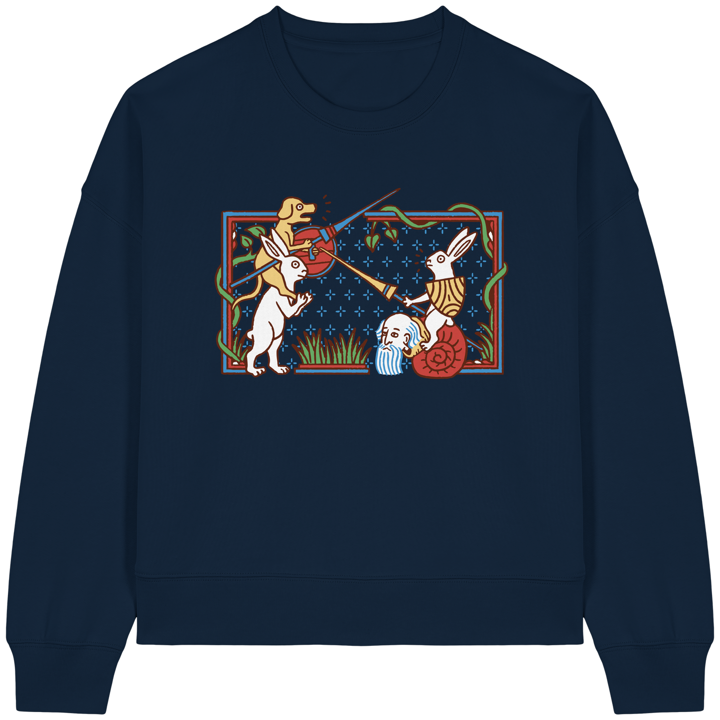 Damen Boxcut Sweatshirt | Mittelalterliche Marginalien Hasenritter | Bouhourt
