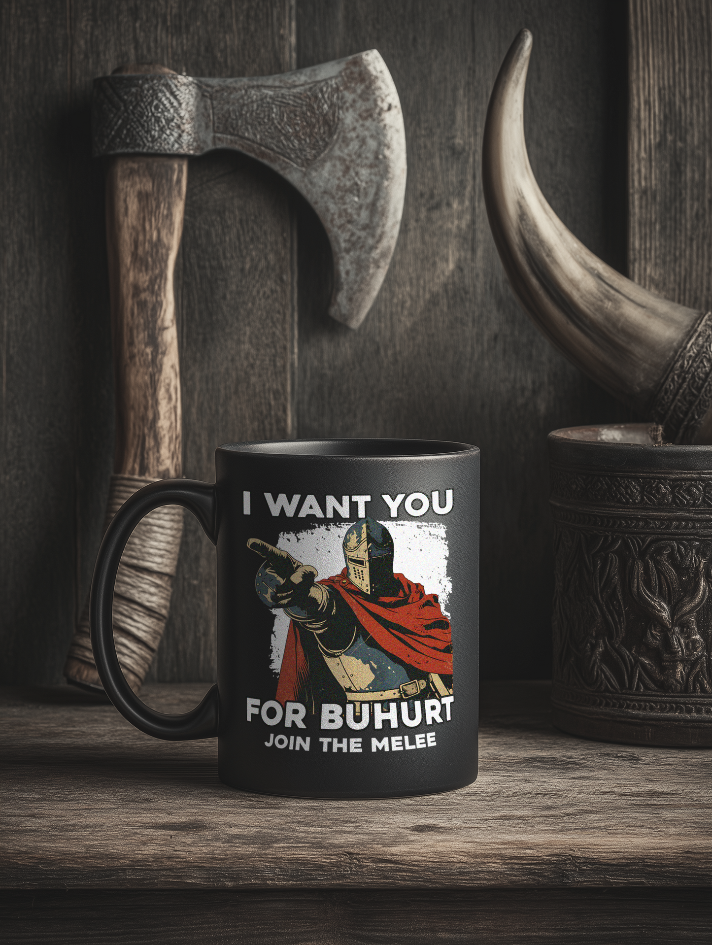 Buhurt Schwarze Keramik Tasse |„I want you – join the melee“ | Bouhourt Cup