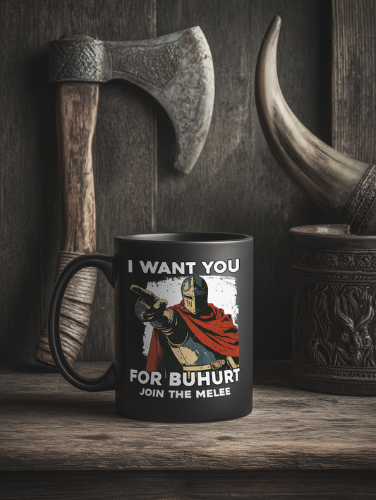 Buhurt Schwarze Keramik Tasse |„I want you – join the melee“ | Bouhourt Cup