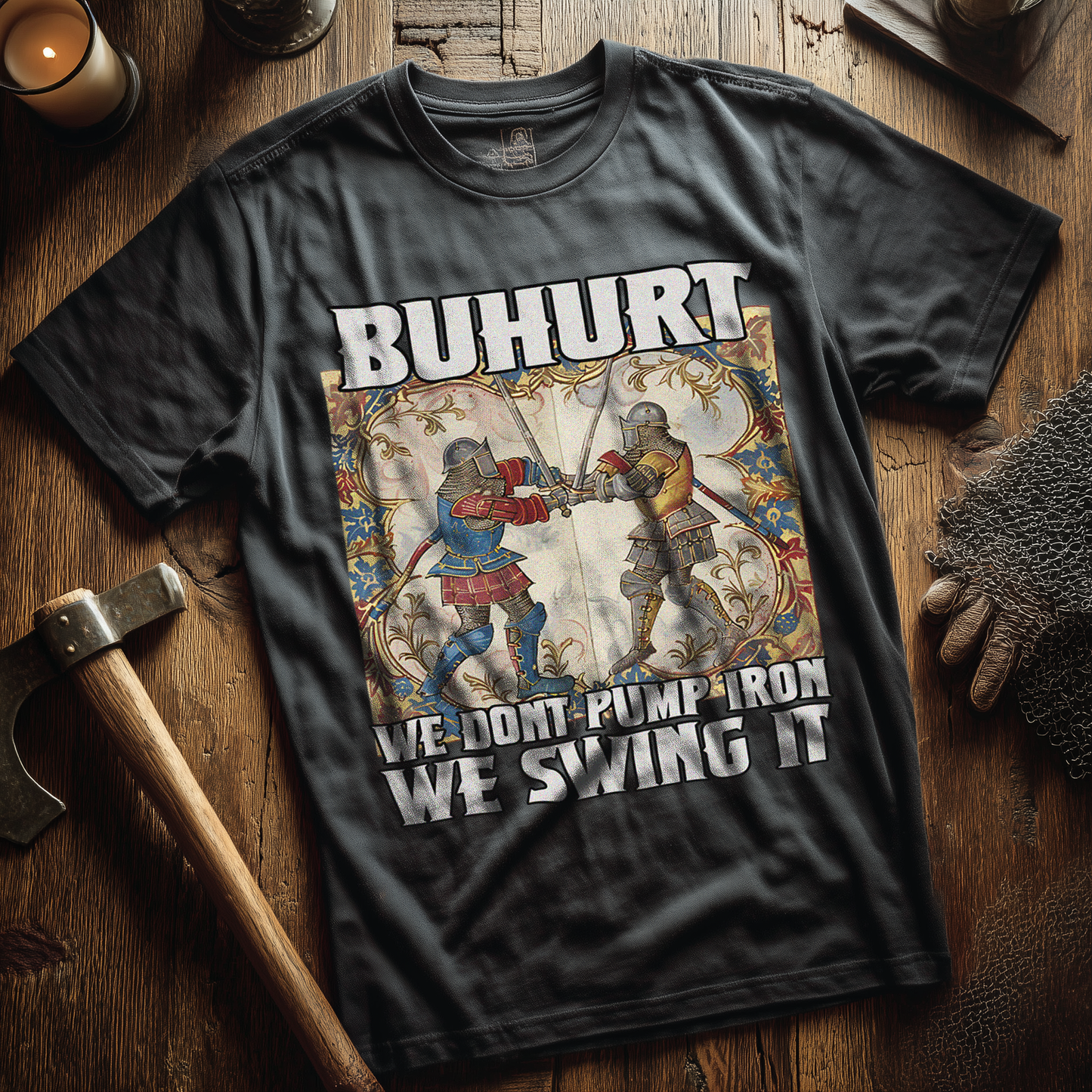 Buhurt Premium Herren T-Shirt | Buhurt „We swing it“ | Bouhourt Stundenbuch Shirt