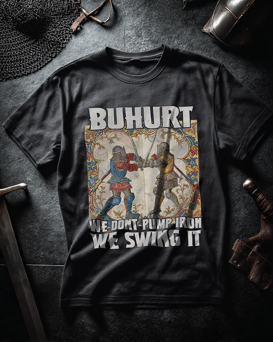 Buhurt Premium Herren T-Shirt | Buhurt „We swing it“ | Bouhourt Stundenbuch Shirt